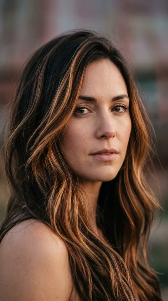 A mix of caramel strands woven through dark brown base. This hair color creates movement and texture. It’s like wearing a custom western sunset in your hair.