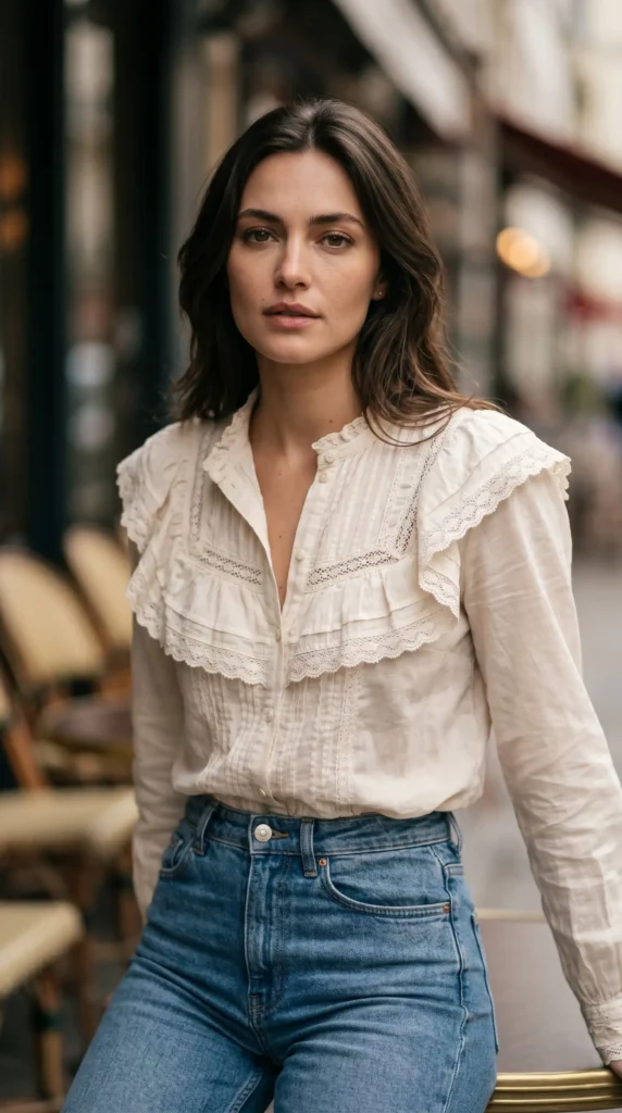Prairie-Meets-Paris: Ruffled Blouse & High-Waisted JeansThis look is for the woman who wants her western style to have a touch of European elegance. Think prairie-inspired details like dainty ruffled blouses paired with modern, high-waisted jeans.