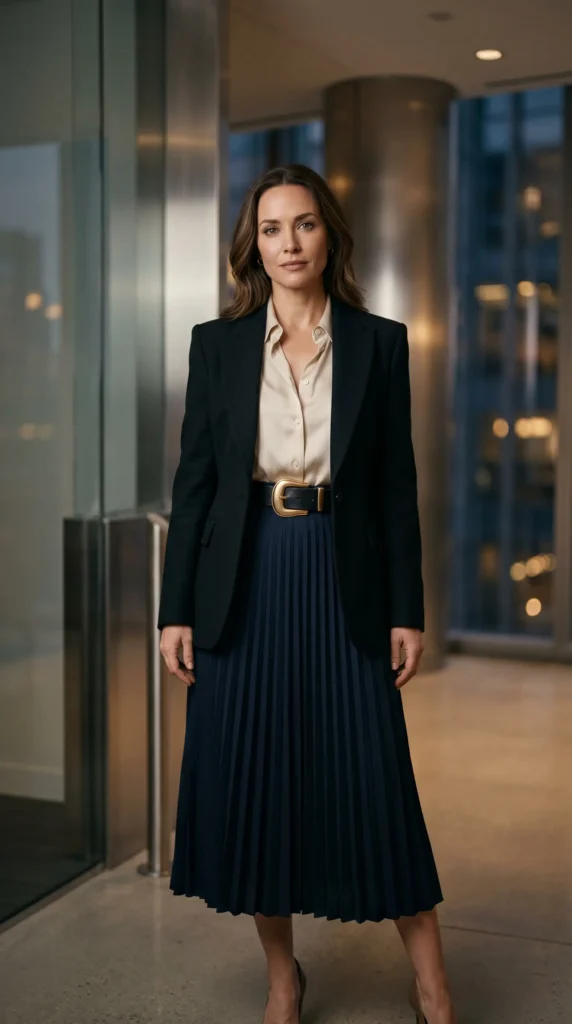 Office Siren: Tailored Blazer + Pleated MidiWho says you cannot wear a long pleated midi skirt to work? This outfit proves that western style can be professional, too.Start with a fitted turtleneck or a simple silk blouse tucked into your pleated midi skirt. Then, layer a tailored blazer over the top. The structured shoulders of the blazer contrast beautifully with the fluid movement of the skirt.For footwear, choose pointed-toe heels or sleek ankle boots. Add a statement belt with a bold buckle to cinch your waist and give the outfit that subtle Western nod.This is the kind of outfit that commands attention in a meeting but transitions seamlessly to after-work drinks. It is powerful, feminine, and undeniably chic.