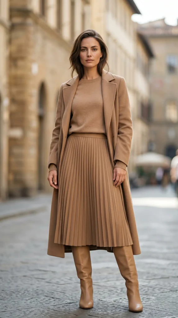 Monochrome Magic: Head-to-Toe NeutralsSometimes, the most impactful outfits are the simplest. A monochrome look using earthy neutrals is incredibly sophisticated and inherently western style.Choose a long pleated midi skirt in a neutral shade like camel, beige, or olive green. Pair it with a matching top a fitted ribbed tank or a cozy cashmere sweater works well.Layer a long duster coat or a utility jacket in a similar tone over the top. Finish with knee-high boots or heeled mules in a complementary shade.The beauty of this outfit is its simplicity. It elongates your silhouette, feels incredibly put-together, and requires minimal thought in the morning. Plus, it photographs like a dream.