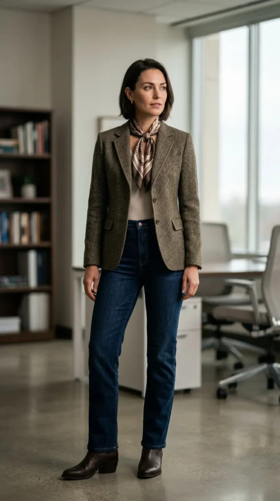 Yes, you can wear denim to the office if you do it right. The trick is choosing jeans that feel more tailored than tattered. Think dark washes, clean lines, and a fit that skims rather than clings.For a western-inspired take, opt for:Bootcut or straight-leg jeans in a dark indigo or blackA structured blazer in tweed or woolA cowboy bootie (yes, really the low block heel version works beautifully)A silk scarf tied at the neck for a nod to western heritage
