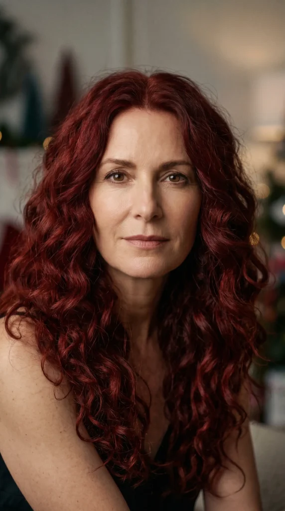 For those who want to make a bold statement, deep red is the color of the season. A cascade of long curly hair in a rich, deep red brightens up the colder months like nothing else.This hair style is happy, romantic, and one of the most striking options for women over 50 in 2025. Whether you have natural curls or prefer to create waves with a curling iron, the deep red hue adds warmth and a sense of drama that is perfect for winter festivities. It is a confident choice for women who want to turn heads.