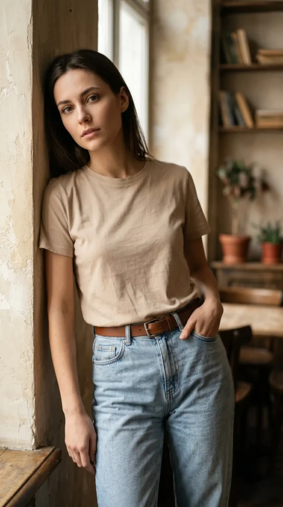 High-Waisted Mom Jeans & a Beige Tee