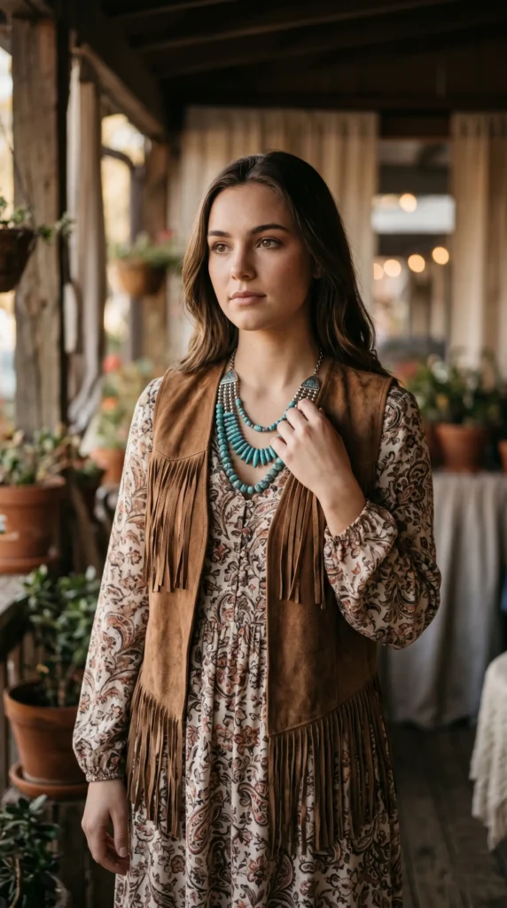 The Maxi Dress: Bohemian RhapsodyWho says dresses are just for summer? A flowing, long-sleeved maxi dress in a soft, floral or paisley print is a stunning choice for a cozy casual look. Layer it over a thin thermal or wear it with thick tights underneath. To give it that western style edge, add a fringed suede vest or a chunky turquoise necklace. The movement of the dress combined with the western accessories creates a beautiful, bohemian feel.