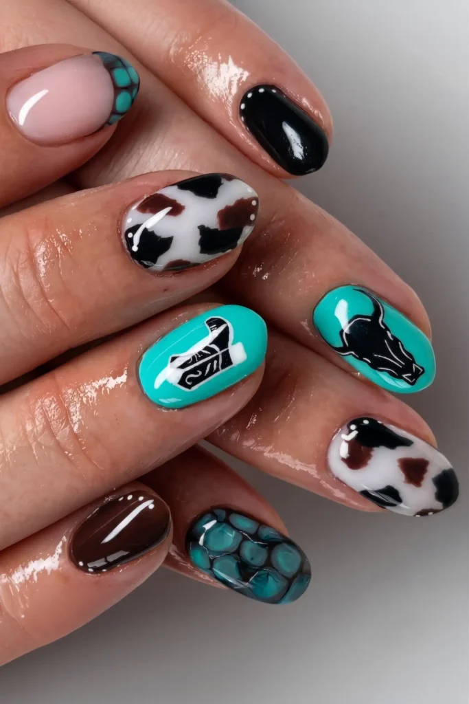 Saddle Up with Cowboy Boot AccentsNothing says western style quite like a classic cowboy boot. This fall, miniature boot silhouettes are taking over Pinterest feeds, and for good reason. They’re playful, surprisingly chic, and add a unique story to your nails.To achieve this look, start with a warm, neutral base like caramel or soft beige. Then, using a thin nail art brush or a stamping plate, paint tiny cowboy boots on your ring and index fingers. Stick to earthy browns and blacks for the boots, and don’t forget to add a glossy top coat to make them shine like fresh leather.
