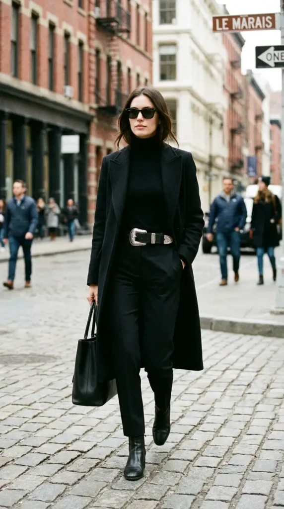 The All-Black Everything with a Western BeltFor a sleek and modern take on western style, go monochrome. An all-black outfit is effortlessly chic, and it provides the perfect canvas for a statement western accessory. Start with black jeans or trousers, a black turtleneck, and a black coat or puffer jacket.