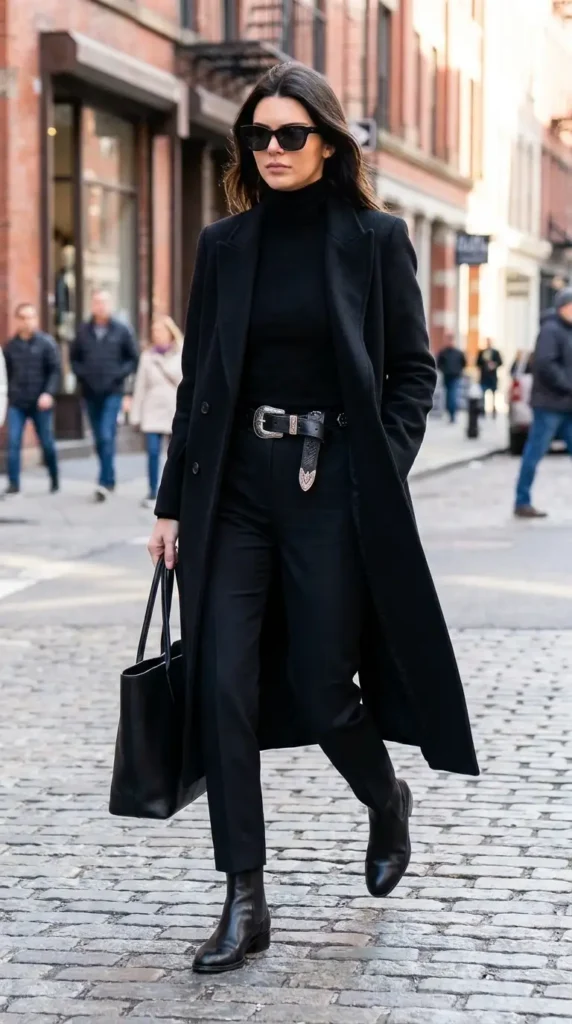 The All-Black Everything with a Western BeltFor a sleek and modern take on western style, go monochrome. An all-black outfit is effortlessly chic, and it provides the perfect canvas for a statement western accessory. Start with black jeans or trousers, a black turtleneck, and a black coat or puffer jacket.
