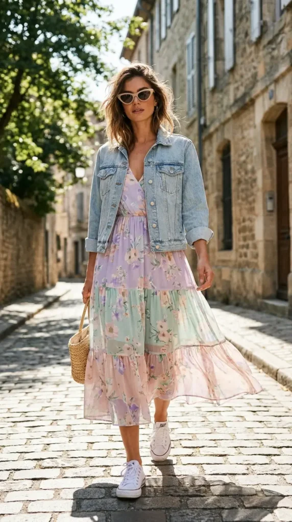 Layered Midi Dress with a Denim Jacket