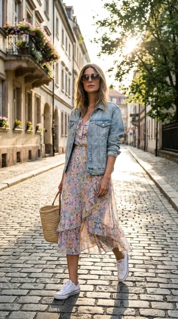 Layered Midi Dress with a Denim Jacket