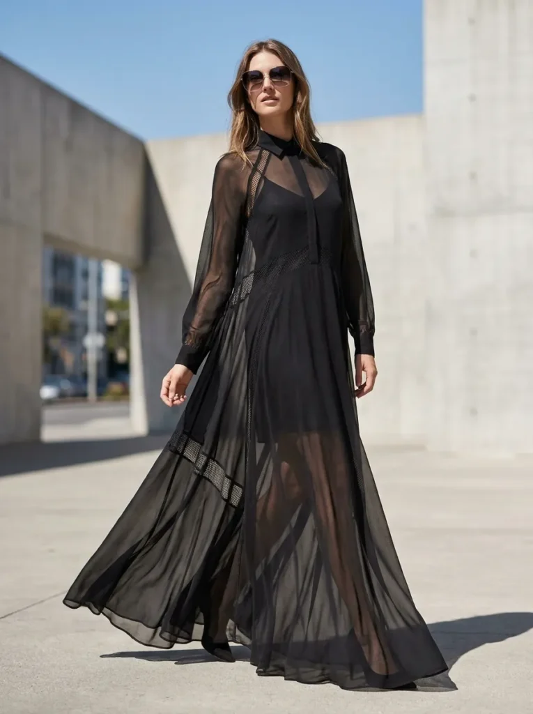 "A high-quality fashion editorial photograph for Spring/Summer 2026, showcasing a model in a 'Sheer Genius' trend outfit. The model is wearing a long, lean, flowing maxi dress made of lightweight black chiffon and subtle mesh panels. The styling focuses on a 'controlled reveal': the dress is modest in its high-neck, long-sleeve silhouette, but is transparent in execution, worn intentionally over sophisticated, opaque black undergarments (a sleek slip dress or high-waisted shorts and a bralette). The aesthetic is sexy yet undeniably sophisticated and fashion-forward. The backdrop is a sun-drenched, minimalist urban street or studio setting, capturing the movement of the sheer fabric. Natural daylight