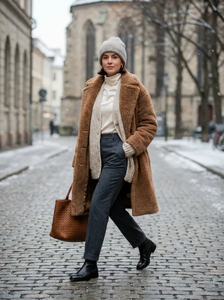A photorealistic street style fashion photograph of a stylish woman walking in a winter city setting, demonstrating masterful winter layering. She is wearing a visible thin silk turtleneck base layer, a chunky knit sweater middle layer, and a textured teddy coat outerwear. She has on perfectly tailored trousers and sleek leather ankle boots. She is accessorized intentionally with a woven tote bag, a soft winter cap, and minimal quiet gold hoop earrings. Focus on beautiful contrasting textures and a sophisticated neutral winter color palette. Soft natural winter lighting, high fashion, 8k resolution, highly detailed.