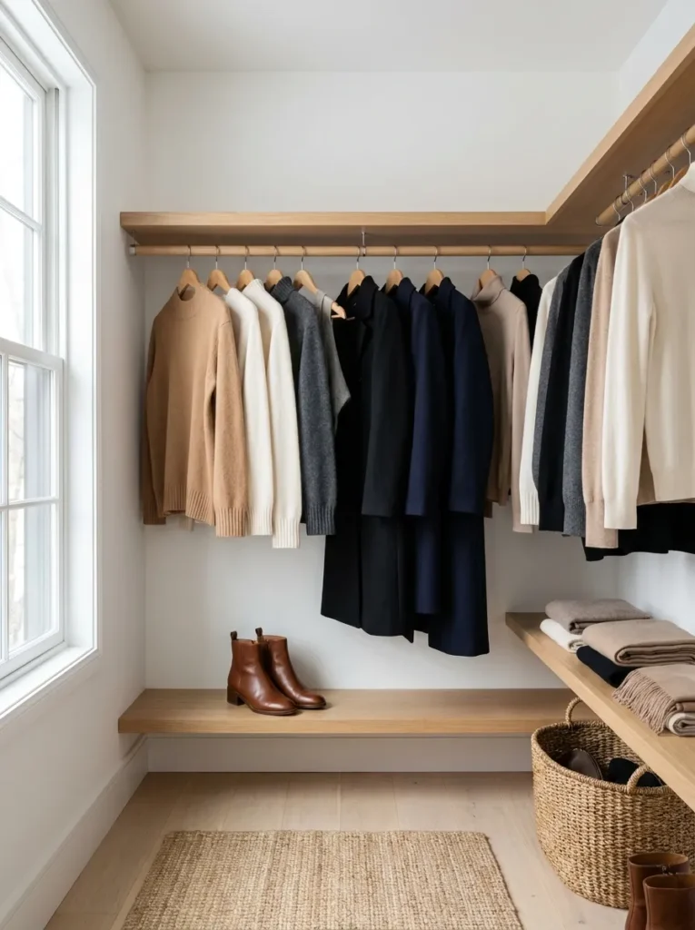 A beautifully organized, minimalist walk-in closet featuring a women's winter capsule wardrobe. High-quality clothing neatly hung on matching wooden hangers: chunky knit cashmere sweaters, tailored wool coats, neutral turtlenecks, and elegant scarves in a cohesive, mix-and-match color palette of camel, cream, charcoal, and black. A stylish pair of leather ankle boots neatly placed on a shelf. Soft, warm natural lighting streaming in, creating a calm, stress-free, and inviting atmosphere. Photorealistic, interior design photography, editorial style, highly detailed, 8k resolution.
