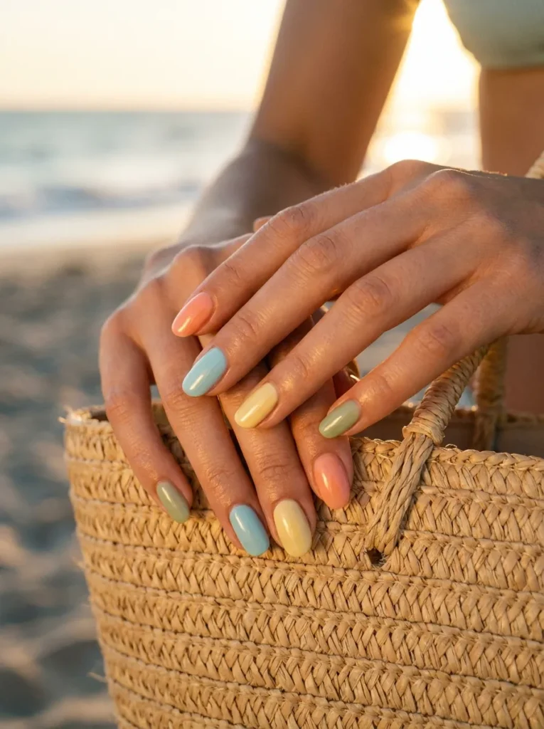 A close-up, photorealistic shot of a woman's perfectly manicured hands resting on a woven beach tote. The nails are painted in a sheer, "sun-faded" skittle manicure, featuring alternating pastel colors: juicy peach, soft aqua blue, butter yellow, and muted pistachio green. The lighting is warm golden hour, evoking the feeling of the last sunny moments of a late August vacation. Soft, glowing sunlight hits the glossy finish of the nails. The background is a soft-focus, bokeh beach setting. Highly detailed, 8k, fashion editorial photography.