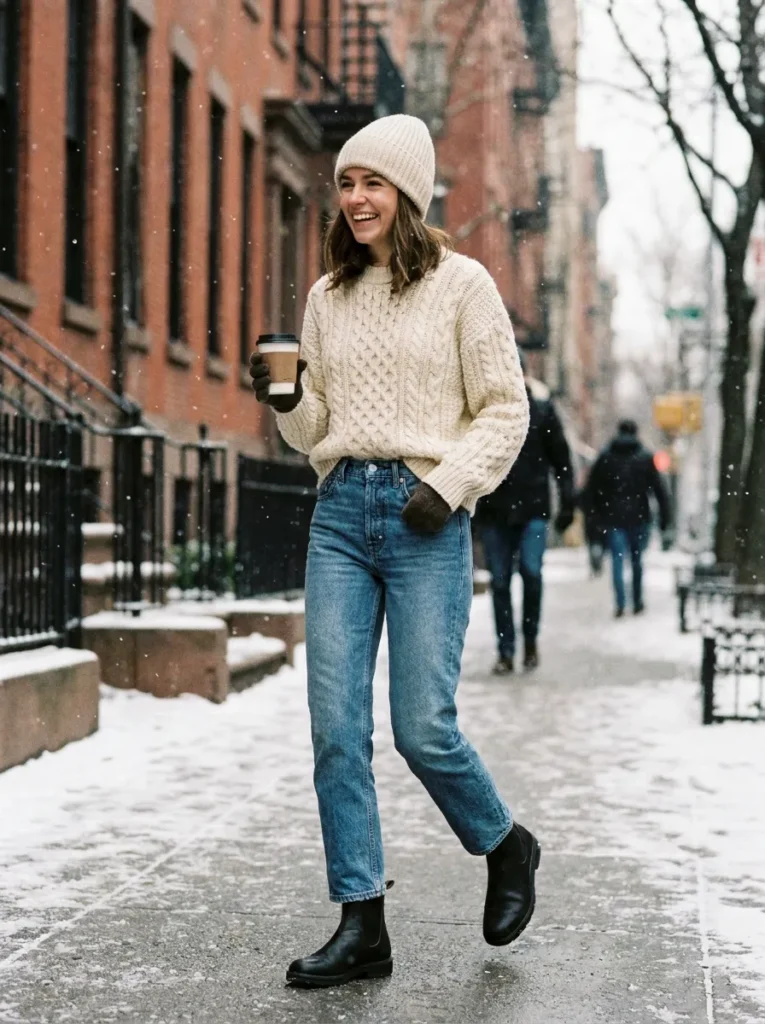 A candid street style photograph of a young woman in a cozy winter outfit. She is wearing an oversized, chunky knit cream-colored sweater paired with high-waisted, slightly distressed blue straight-leg jeans. She completes the look with black leather ankle boots and a matching cream ribbed beanie. She is smiling while walking on a snowy city sidewalk, holding a coffee cup, with blurred brick buildings and bare trees in the background.