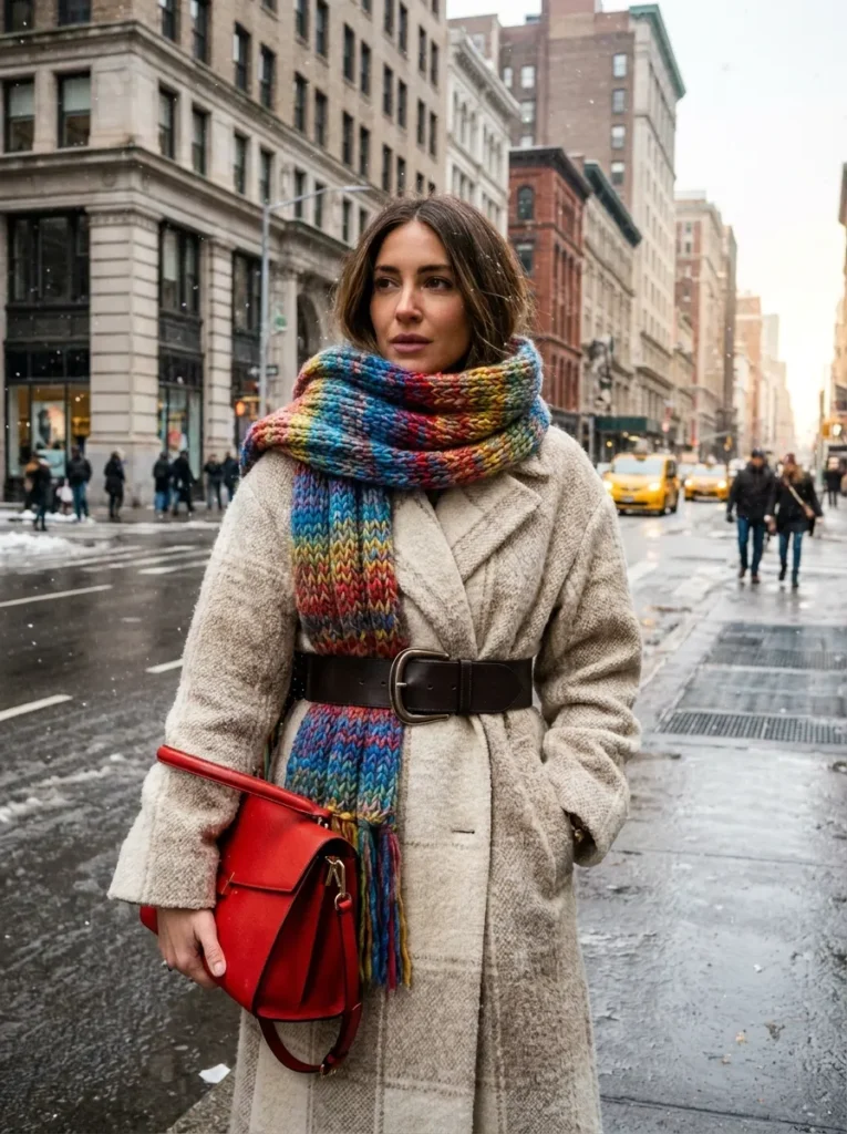 A photorealistic fashion street style shot of a stylish woman in winter. She is wearing a chic, bulky neutral-toned winter coat cinched tightly at the waist with a thick, bold statement belt. Wrapped around her neck is a vibrant, colorful chunky knit scarf adding a striking pop of color. She is holding a structured, bold-colored handbag. Snowy city street background, highly detailed, cinematic lighting, trendy winter fashion, 8k resolution.