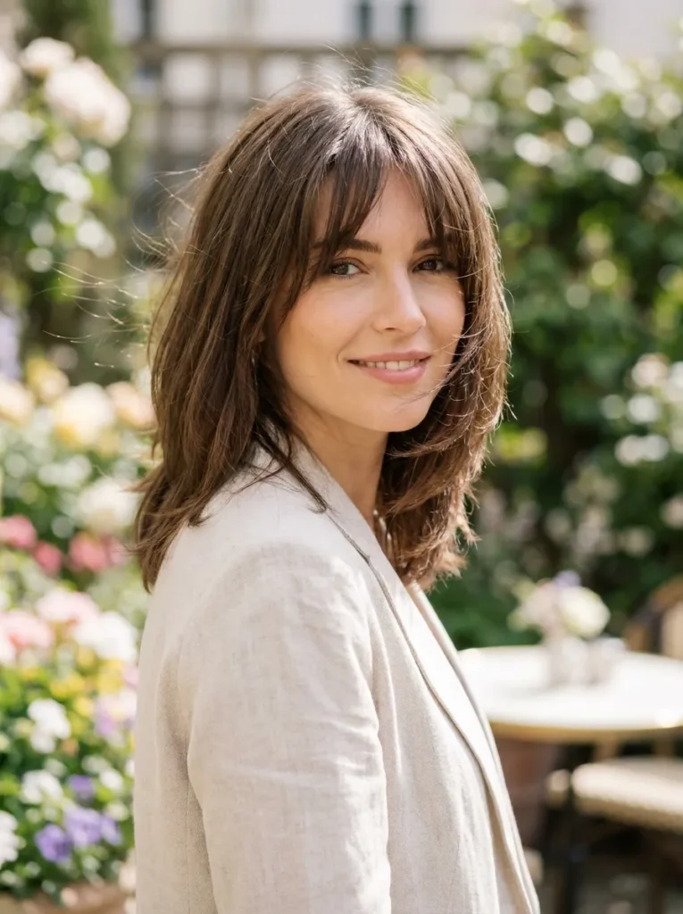 A photorealistic portrait of a beautiful woman featuring a mid-length layered haircut with soft, wispy curtain bangs swept open to gracefully frame her face. The hair shows effortless movement and a soft, romantic texture, exuding an effortless chic vibe. Flattering, soft, natural spring morning lighting. The background is a subtly blurred, bright, and airy spring setting. Shot on 85mm lens, high fashion photography, ultra-detailed, 8k resolution.
