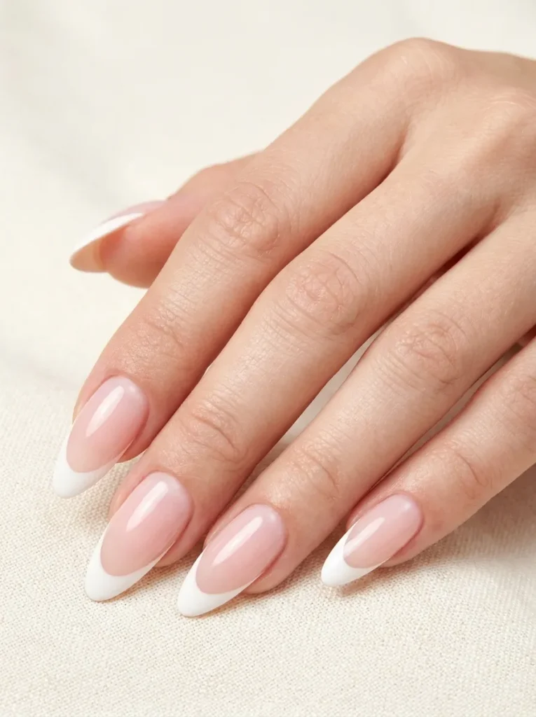 A stunning macro close-up of a woman's hand showcasing flawlessly applied long almond-shaped acrylic nails. The nails feature a glossy, sheer pale pink polish with a classic white French tip. Clean cuticles, soft, natural skin texture, elegant pose, bright and soft studio lighting, photorealistic, 8k resolution, beauty editorial photography.