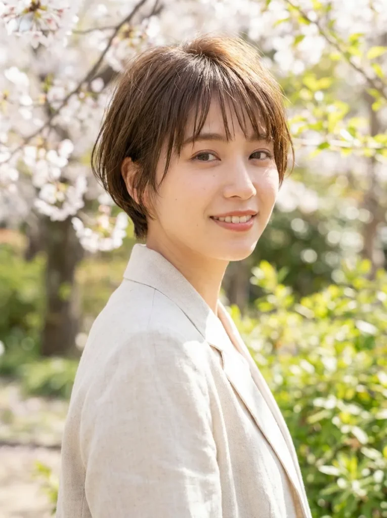 A photorealistic portrait of a young woman featuring a modern "bixie" haircut—a stylish blend of a short bob and a pixie cut. She has soft, wispy bangs framing her face, giving her a relaxed, youthful, and playful vibe. The haircut has soft, textured edges. Bright springtime aesthetic, soft natural sunlight, shallow depth of field, airy background with subtle hints of spring blossoms, high fashion photography, 8k resolution, highly detailed.