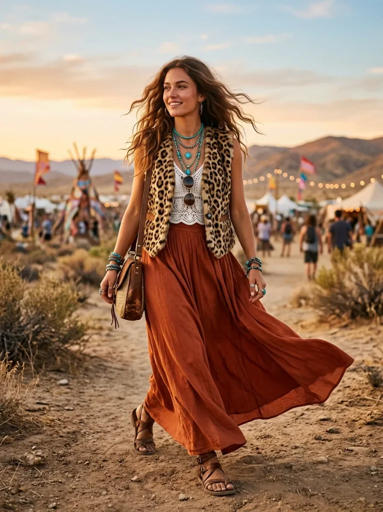 A photorealistic fashion editorial shot of a bohemian woman wearing a stylish leopard print vest over a simple white crochet top, paired with a long, flowing, rust-colored maxi skirt catching the wind. She has long wavy hair and layered turquoise and silver jewelry, walking through a sunlit desert festival landscape during golden hour. Cinematic lighting, highly detailed, 8k, boho chic aesthetic.