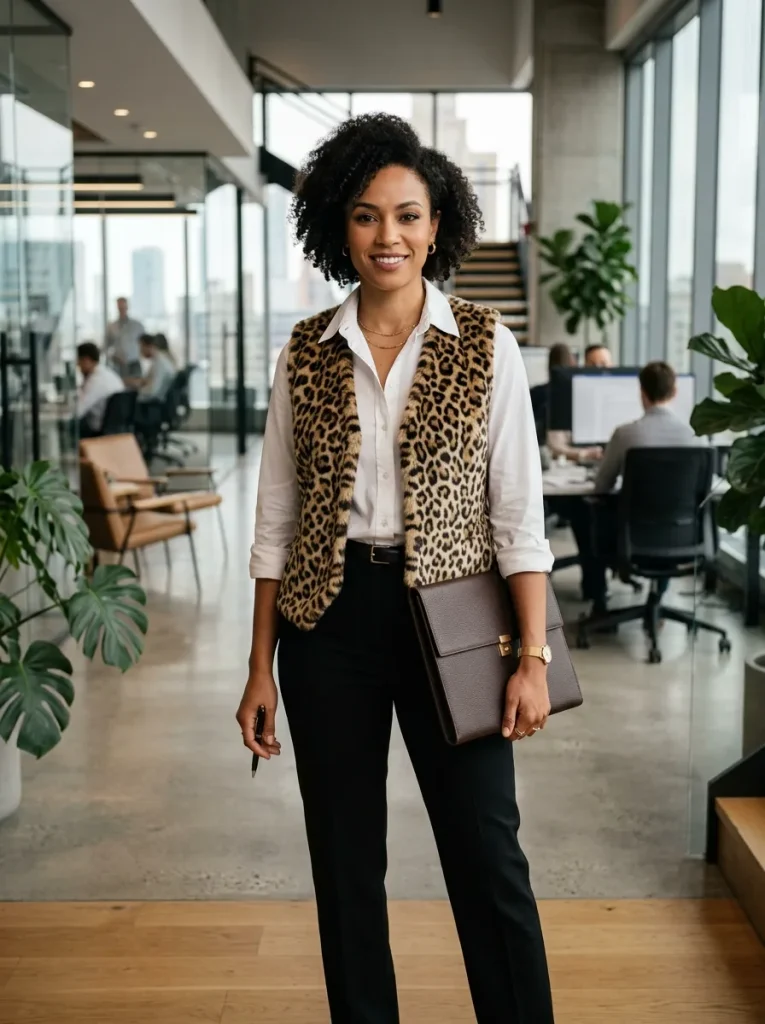A photorealistic, high-fashion editorial shot of a confident, stylish businesswoman in a modern, brightly lit corporate office. She is wearing a sophisticated, tailored leopard print vest beautifully layered over a crisp, clean white button-down shirt with subtly rolled sleeves, paired with sleek black high-waisted trousers and minimalist gold jewelry. She is standing with a posture of success, holding a sleek leather portfolio under one arm. The background is a gently blurred, upscale office environment with glass partitions, chic contemporary furniture, and lush indoor plants. Soft, natural daylight streaming through large windows, cinematic lighting, 8k resolution, ultra-detailed textures emphasizing the faux fur of the vest and the crisp cotton of the shirt, elegant corporate fashion photography.