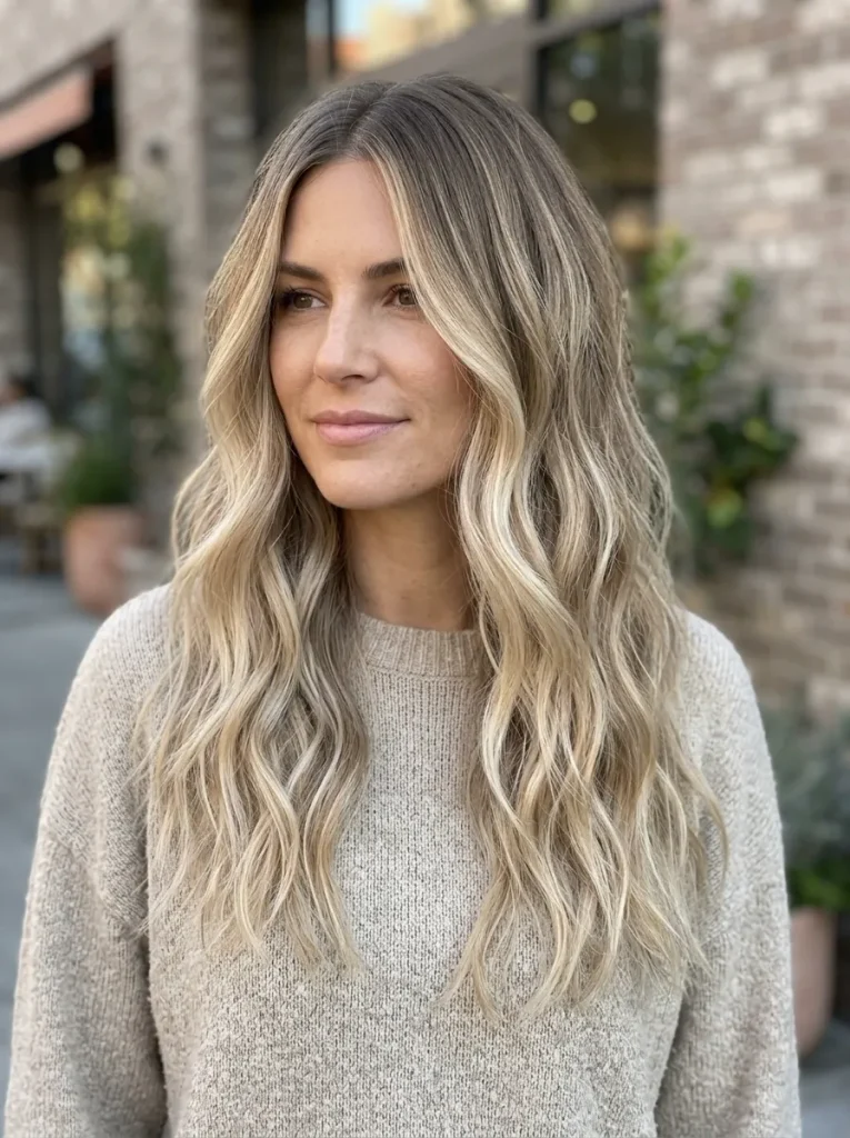 A photorealistic, high-fashion portrait of a beautiful woman with very long, flowing, softly waved hair, showcasing a "champagne brunette" hair color. The hair features natural, darker brunette roots that seamlessly and subtly melt into bright, highlighted champagne-blonde ends in a delicate balayage style. The hairstyle embodies an effortless, undone, chic aesthetic. Soft, natural sunlight illuminating the hair to show off the glossy, multi-dimensional tones and the smooth transition from root to tip. Shot on 35mm lens, 8k resolution, highly detailed, editorial beauty photography, shallow depth of field.