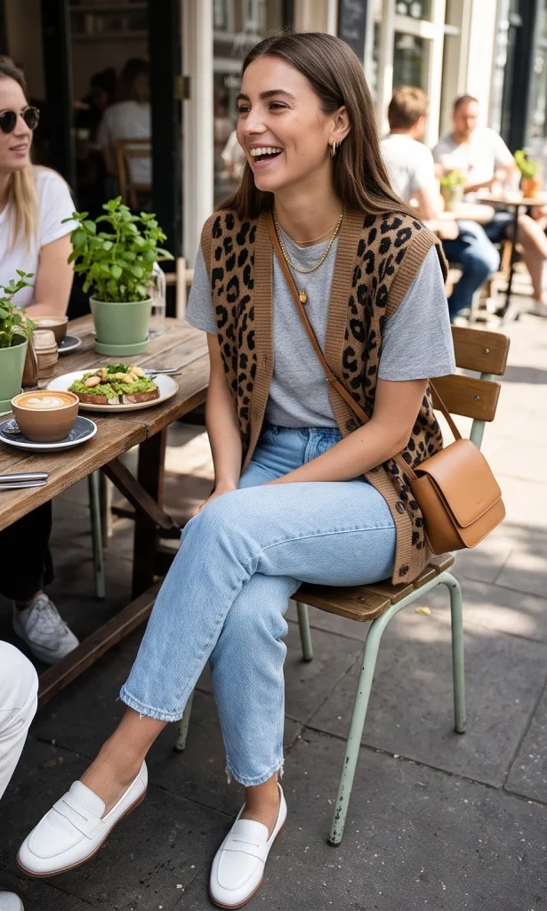 Brunch with the Girls: Casual Cool
You want to look put-together but not like you tried too hard. This outfit formula is foolproof.
The Look: Light wash mom jeans and a simple grey tee.
The Finish: White loafers and a crossbody bag.
Why it works: It’s effortless. The vest elevates a basic t-shirt and jeans combo instantly.