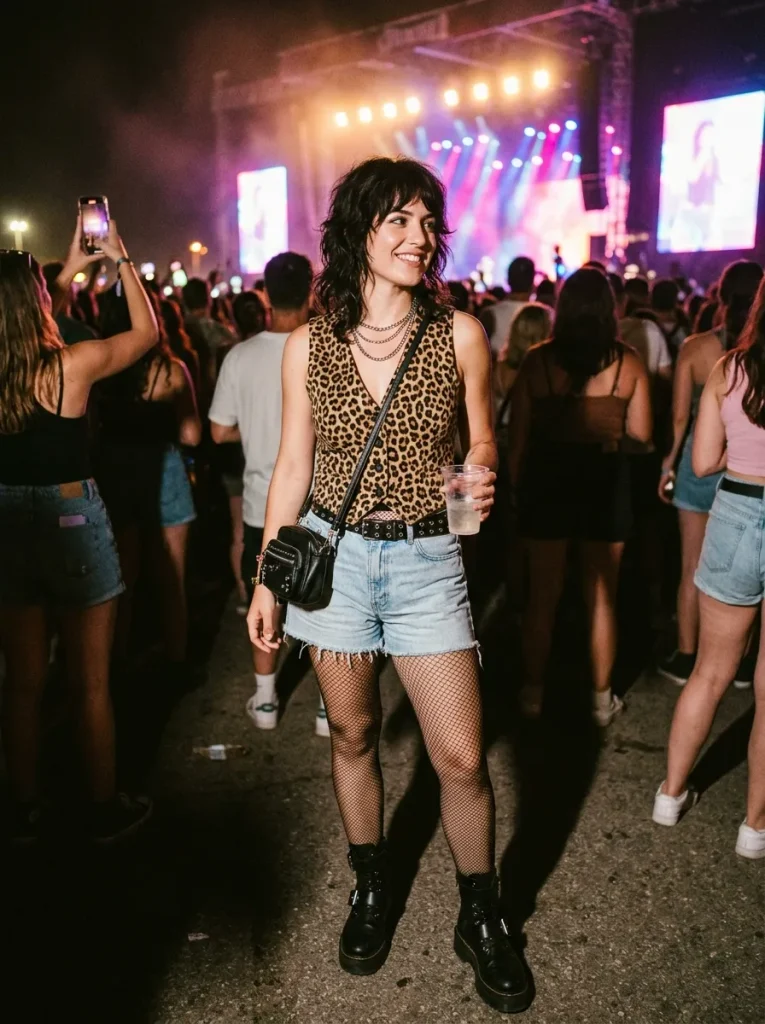  Summer Nights: The Concert Look

For those warm summer evenings, a leopard vest can act as a standalone top or a light layer. [INTERNAL LINK TO SUMMER CONCERT OUTFITS]

The Look: Wear the vest buttoned up as a top with high-waisted denim shorts.

The Finish: Fishnet tights (optional) and chunky combat boots.

Why it works: It’s edgy, cool, and perfect for a night out with friends.