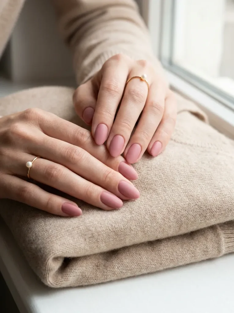 A close-up, photorealistic editorial shot of elegant woman's hands with a flawless manicure. The nails are painted in a muted, sophisticated dusty pink shade. The hands rest gracefully on soft neutral cashmere, exuding a "quiet luxury" and grown-up aesthetic. Soft, diffused natural lighting, 8k resolution, highly detailed beauty photography. Absolutely no bright or bubblegum pink tones.