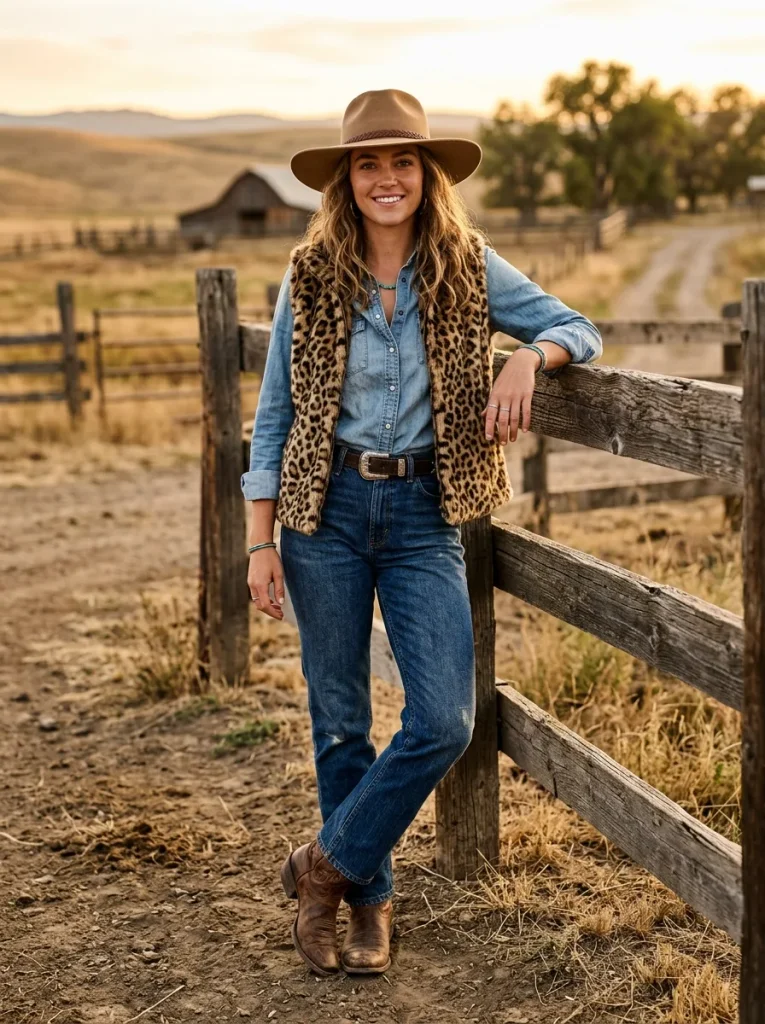 A photorealistic fashion editorial portrait of a stylish woman embodying the "Classic Rancher" aesthetic. She is wearing a textured leopard print vest layered over a crisp, light blue denim button-down shirt, perfectly paired with high-waisted, dark indigo denim jeans for a classic denim-on-denim look. She is accessorized with a wide-brimmed tan felt rancher hat and distressed brown leather cowboy boots. She is leaning casually against a rustic wooden fence on a dusty ranch at golden hour. Warm, cinematic sunlight softly illuminates the rich textures of the denim and the bold leopard print. Shot on an 85mm lens, shallow depth of field, sharp focus, ultra-detailed, western chic fashion style, 8k resolution.