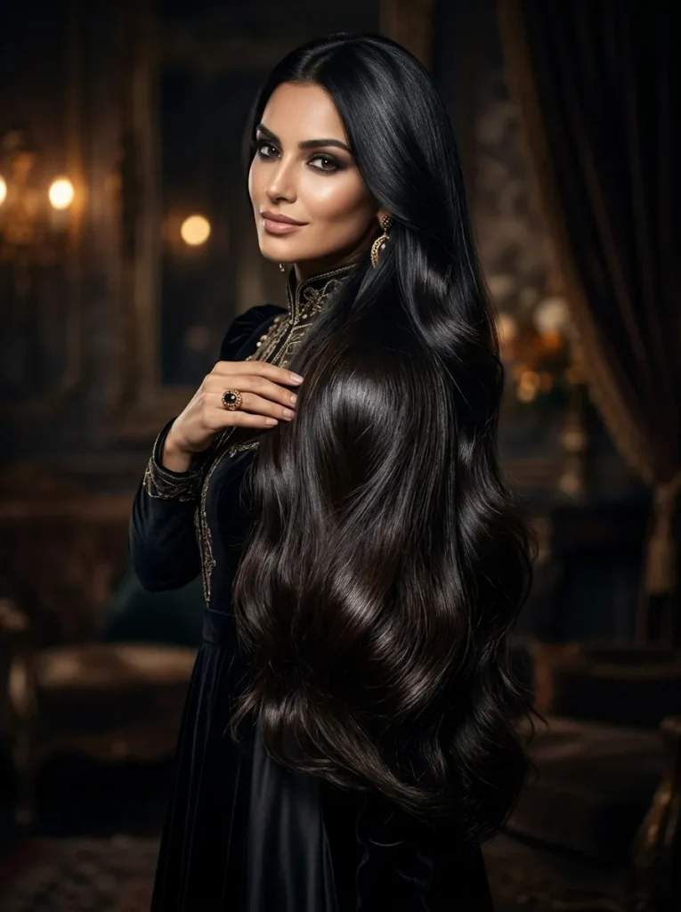 A stunning, photorealistic fashion portrait of a woman with ultra-long, luxurious soft black hair. The hair color is rich and deep with subtle dark brown undertones, avoiding a flat jet-black look. The hair texture is incredibly silky, resembling liquid glass with a striking, extreme glossy finish and reflective sheen. She has an elegant, mysterious aura. High-end fashion editorial photography, cinematic lighting designed to highlight the hair's spectacular shine and depth, 8k resolution, ultra-detailed.