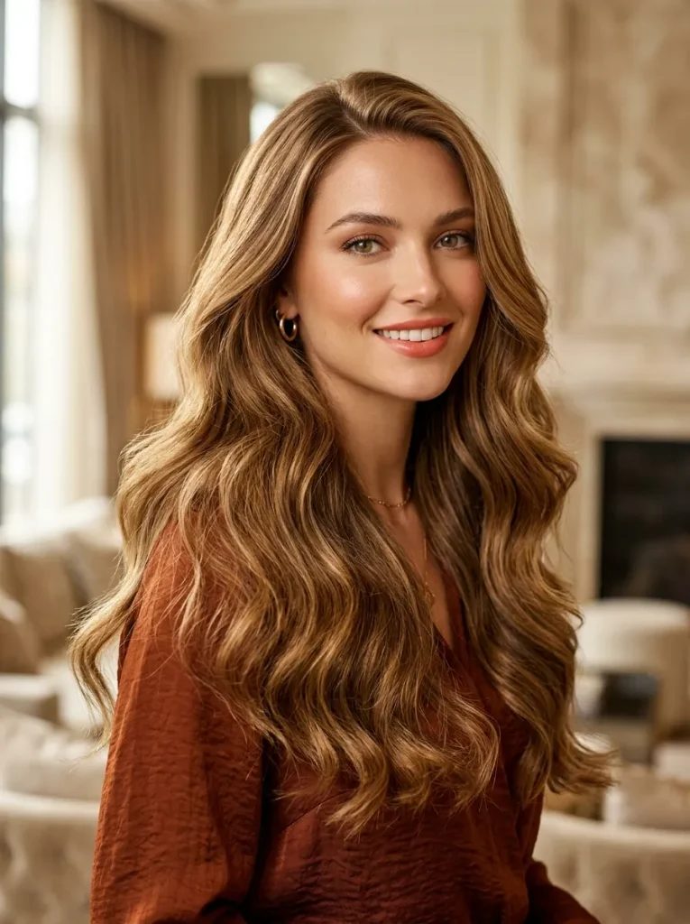 A photorealistic portrait of a beautiful woman with long, luxurious, warm golden-brunette hair. The rich hair color features a stunning blend of blonde espresso and subtle caramel, with radiant golden undertones glowing as they catch the light. Her hair falls in voluminous, glossy waves, showcasing incredible depth, health, and vibrancy. Soft, warm cinematic lighting, high-fashion photography, 8k resolution, highly detailed.