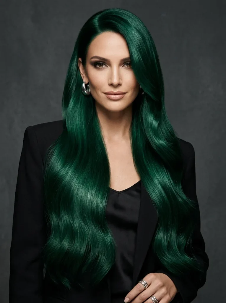 A striking high-fashion editorial portrait of a confident woman showcasing ultra-long hair that cascades gracefully past her waist. Her hair features a "color drenched" look—a single, fully saturated, solid [INSERT COLOR HERE] with absolutely no highlights or balayage. The focus is entirely on the hair, featuring a flawless, even color application and an intense, glossy, high-shine finish that makes the solid shade look three-dimensional. Bold, dramatic, elegant vibe, hyper-realistic, 8k resolution, studio lighting designed to emphasize hair shine.