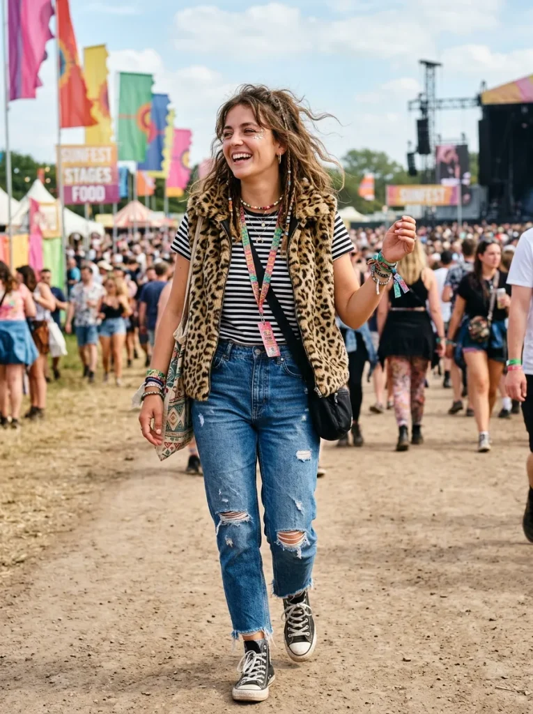Here is an image generation prompt based on the provided text:
"A candid street-style fashion photograph of a confident, artistic young woman at a vibrant outdoor music festival. She is showcasing a bold, mixed-print outfit, wearing a striking leopard print vest layered perfectly over a black-and-white striped t-shirt. She is wearing distressed blue denim jeans and classic black-and-white Converse sneakers. She has a playful and fun expression, exuding creative energy. The background features a sunny, slightly blurred festival setting with colorful flags and a lively atmosphere. Photorealistic, high fashion editorial, vibrant colors, highly detailed, 8k resolution."
