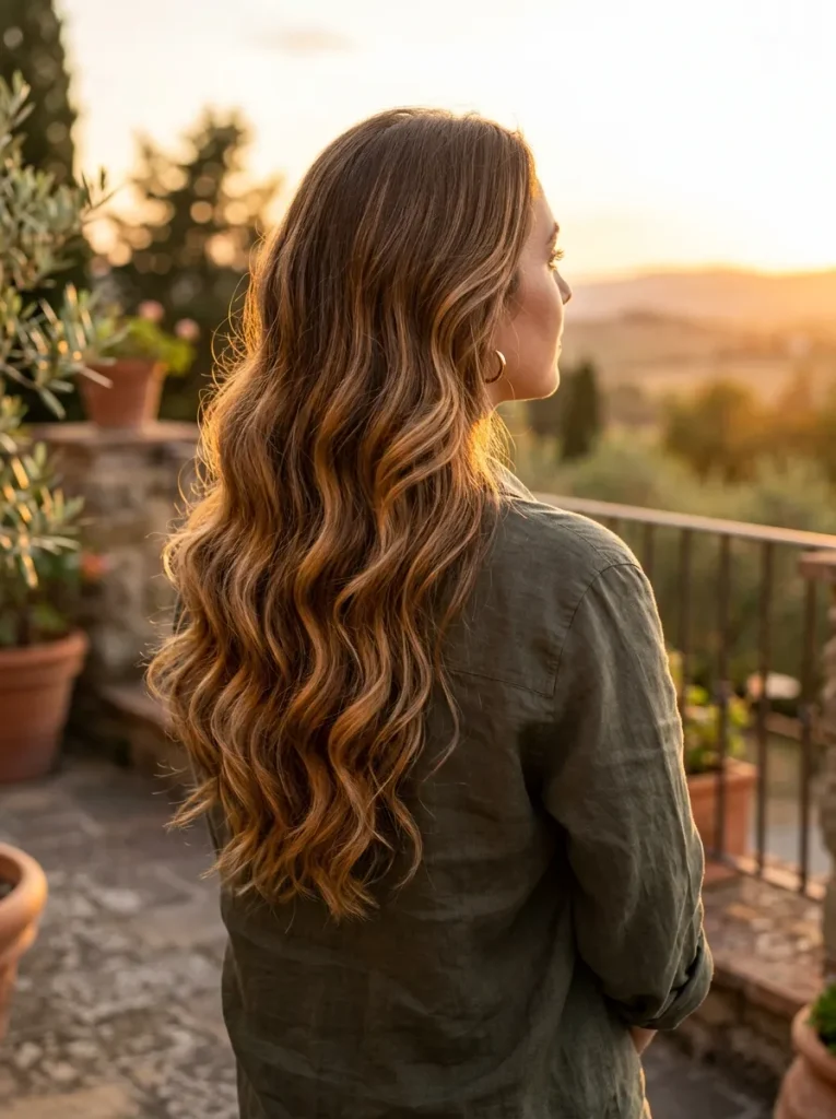 A back-and-side view of a woman with waist-length, voluminous wavy hair styled in effortless loose curls. The hair features a seamless honey-caramel balayage, showing hand-painted warm golden-honey ribbons blending naturally over a rich brunette base. Golden hour sunlight catching the strands, highlighting healthy shine, movement, and soft multi-dimensional tones. Minimalist aesthetic background, cozy lifestyle vibe, shallow depth of field, shot on 85mm lens, hyper-realistic, 8k resolution.