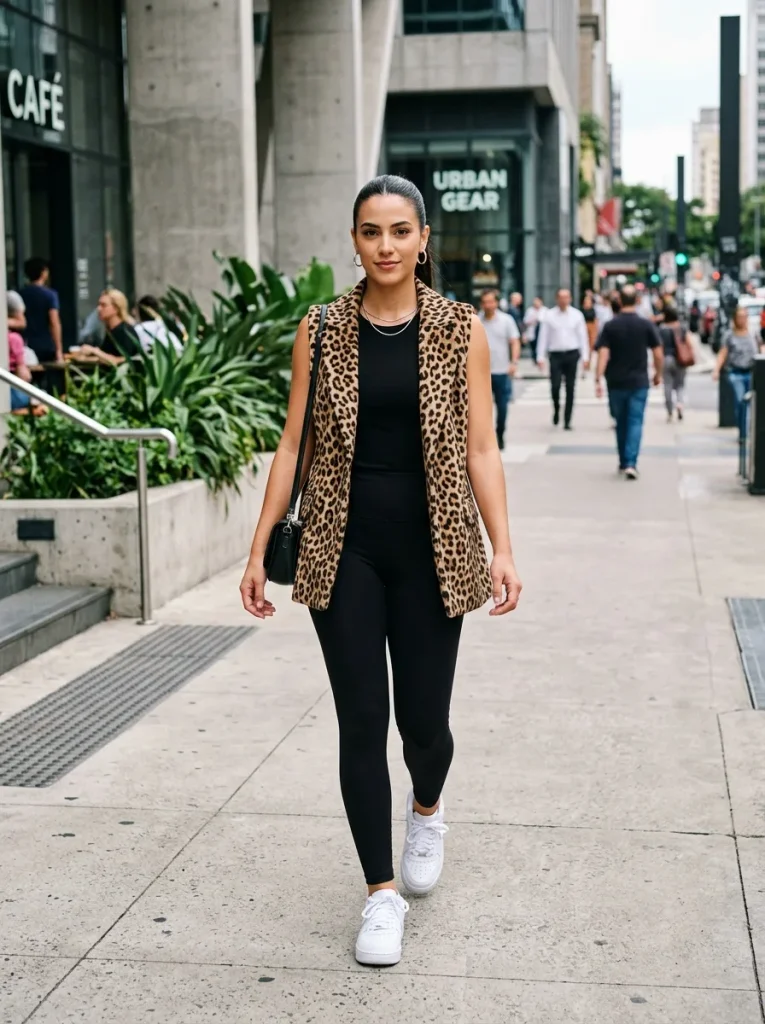 A full-body street style photograph of a confident young woman wearing "The Edgy Minimalist" look. She is dressed in a sleek all-black base, consisting of tight black high-waisted leggings and a matching black crew-neck tank top. Layered over this is a stylish, open, faux-leopard print vest featuring realistic brown and black spots, providing a bold contrast. The vest is sleeveless and cuts just below the hip. She completes the outfit with clean, bright white leather low-top sneakers. She is walking confidently on a modern urban sidewalk lined with minimalist concrete architecture and green plants. Her hair is styled in a sleek high ponytail, and she wears simple silver hoop earrings and a minimal chain necklace. A small black crossbody bag hangs over her shoulder. The background is slightly blurred (bokeh) with pedestrians and city life, but the focus remains sharply on her and the outfit, highlighting the "sleek, slimming silhouette" and the leopard vest. Natural, bright daylight.Sure! I've converted your text into a detailed image