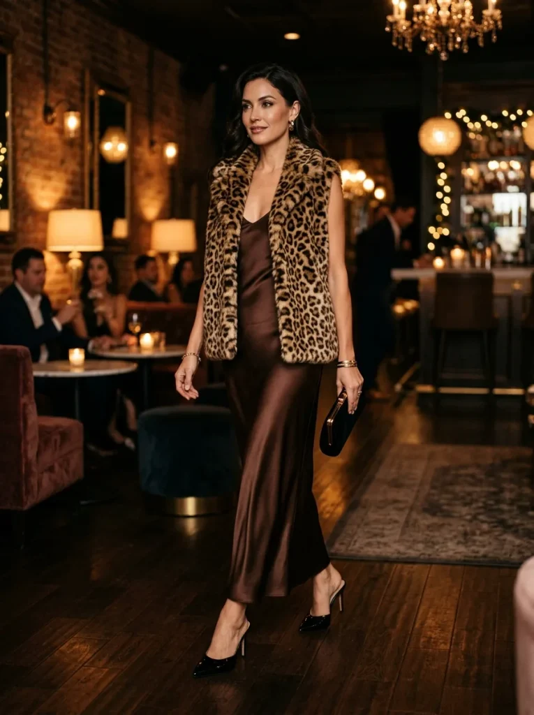 Here is a detailed prompt you can use to generate the image:
**Prompt:**
> A full-body high fashion editorial photo of a sophisticated woman on a romantic date night. She is wearing a luxurious, textured faux-fur leopard print vest layered over a sultry, chocolate brown silk slip dress. She is holding a chic evening clutch and wearing elegant heeled mules. The outfit showcases a beautiful contrast of textures between the smooth, glowing silk and the plush vest. The setting is a dimly lit, upscale lounge with warm ambient lighting and soft bokeh in the background. Cinematic lighting, photorealistic, 8k resolution, Vogue magazine style, hyper-detailed.