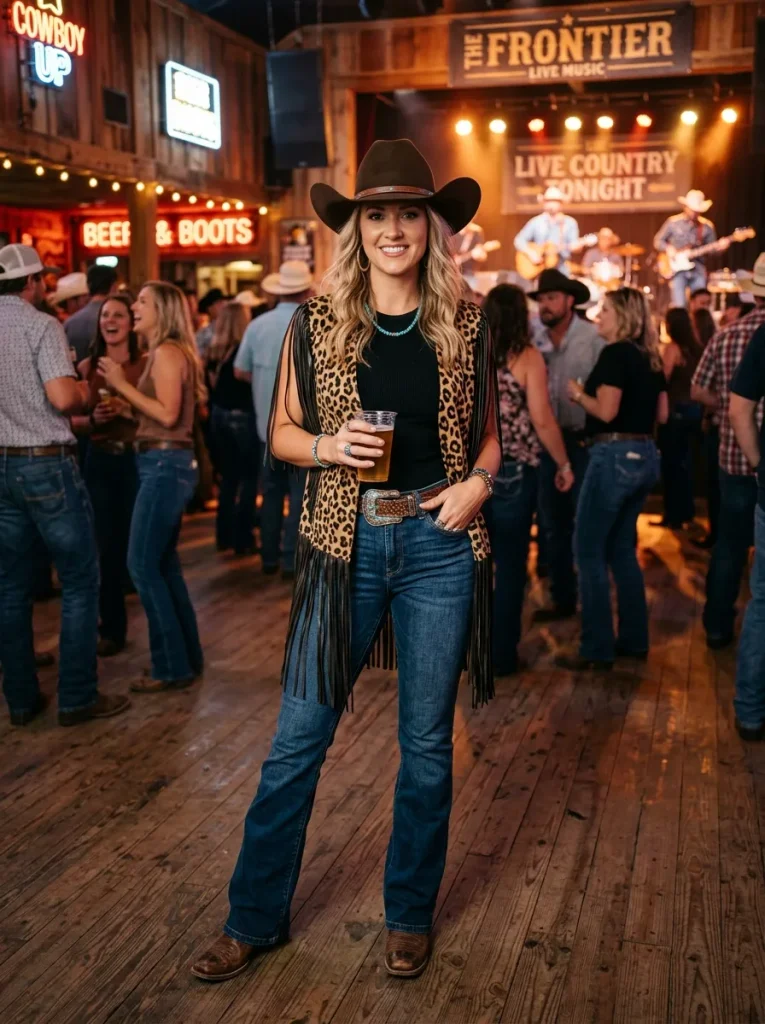 A photorealistic fashion shot of a stylish woman standing in a lively country music bar. She is wearing a bold leopard print vest with long leather fringe details, paired with classic blue denim bootcut jeans. Her outfit is accessorized with a western leather belt featuring a large, ornate silver buckle, and a classic cowboy hat. The background features rustic wooden textures, warm atmospheric lighting, and a softly blurred crowd enjoying a country concert. Cinematic lighting, highly detailed, modern western aesthetic, full-body portrait, 8k resolution.