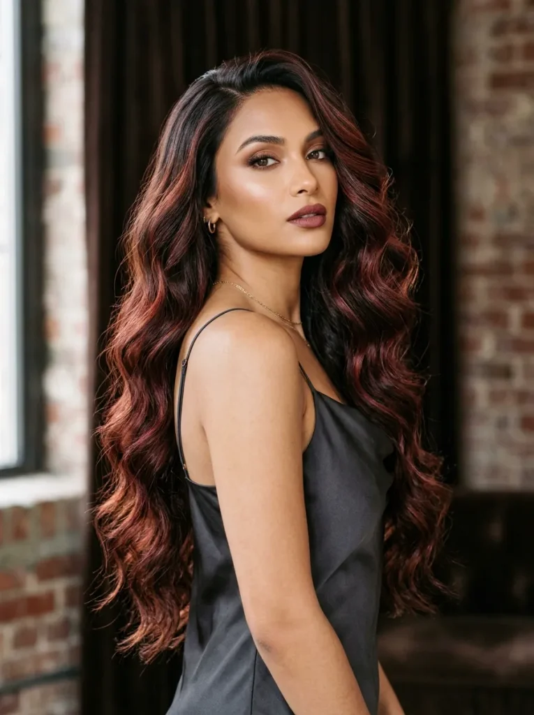 A professional beauty editorial photograph focusing on a woman with very long, thick, cascading hair that features the "Cherry Mocha" color trend. The hair is a deep, sophisticated blend of rich, dark brunette base mixed with layered copper and deep crimson red tones, resulting in a polished and sultry finish. The red is deep and dimensional, integrated smoothly rather than being loud or vibrant.