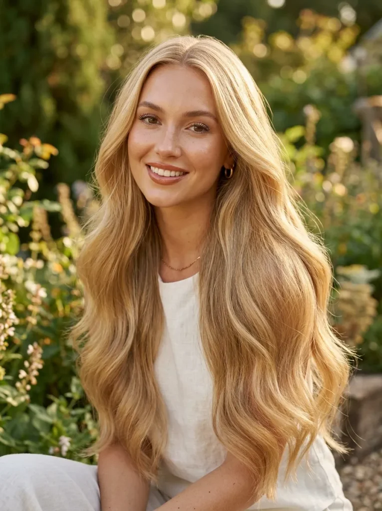 A photorealistic beauty portrait of a beautiful woman with ultra-long, flowing hair in a creamy honey blonde shade. The hair color is a rich, warm, buttery blonde—resembling liquid gold—striking a flawless balance that is neither too brassy yellow nor stark platinum. Her glossy, healthy hair cascades down, beautifully catching the sunlight to highlight the warm, sun-kissed tones and high shine. She has a radiant, glowing complexion that is perfectly complemented and brightened by the warm hair color. Soft, natural sunlight, cinematic lighting, editorial fashion photography, 8k resolution, highly detailed.
