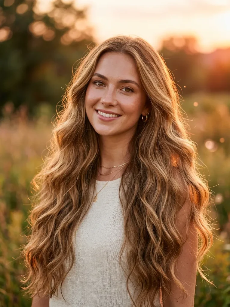 A photorealistic portrait of a young woman with very long, flowing wavy hair, featuring a stunning caramel and honey blonde balayage. Golden hour lighting catching the soft, glowing highlights in her hair. Cinematic photography, highly detailed, 8k resolution, shot on 85mm lens.
